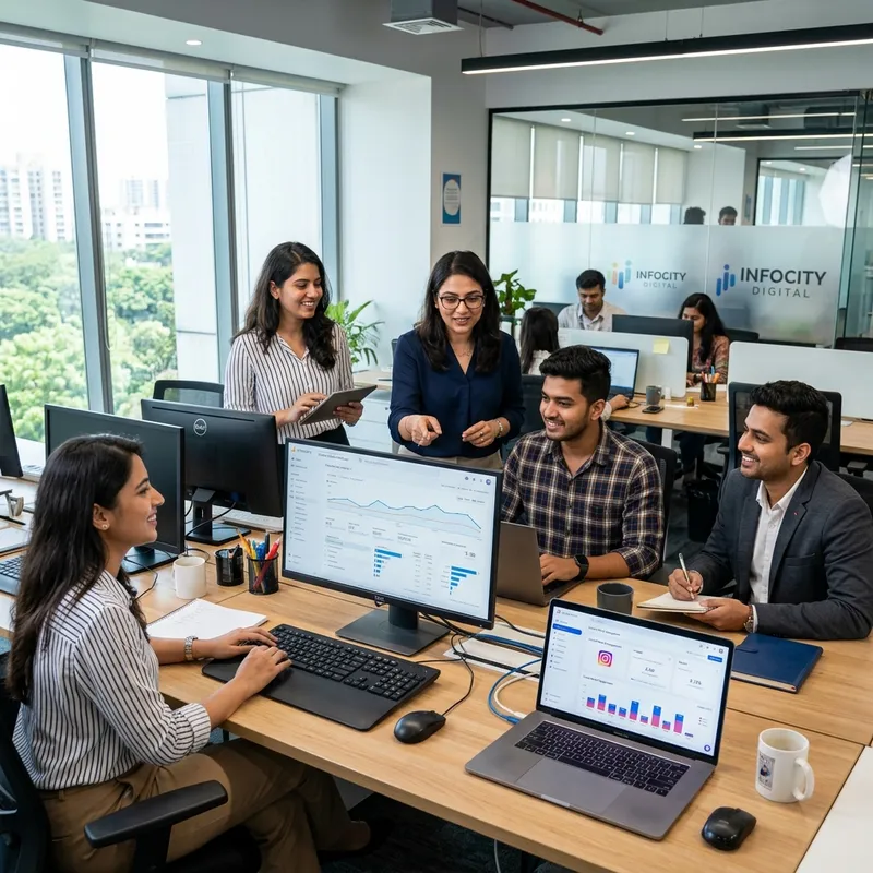 Digi Banaras digital marketing team working on SEO and social media strategies in Varanasi office